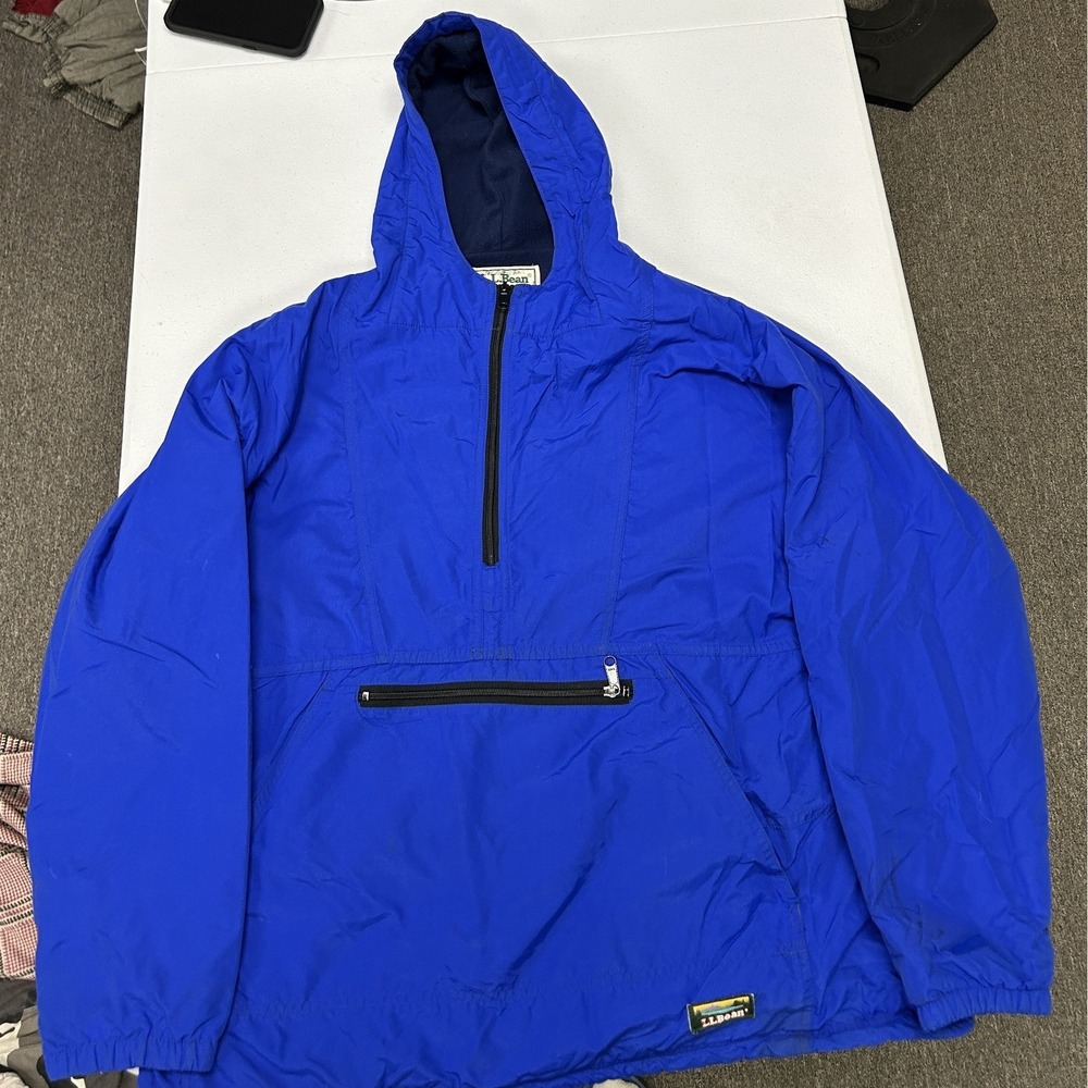 LL Bean Anorak Jacket Mens XL Blue Fleece Lined Half Zip Hooded Windbreaker USA